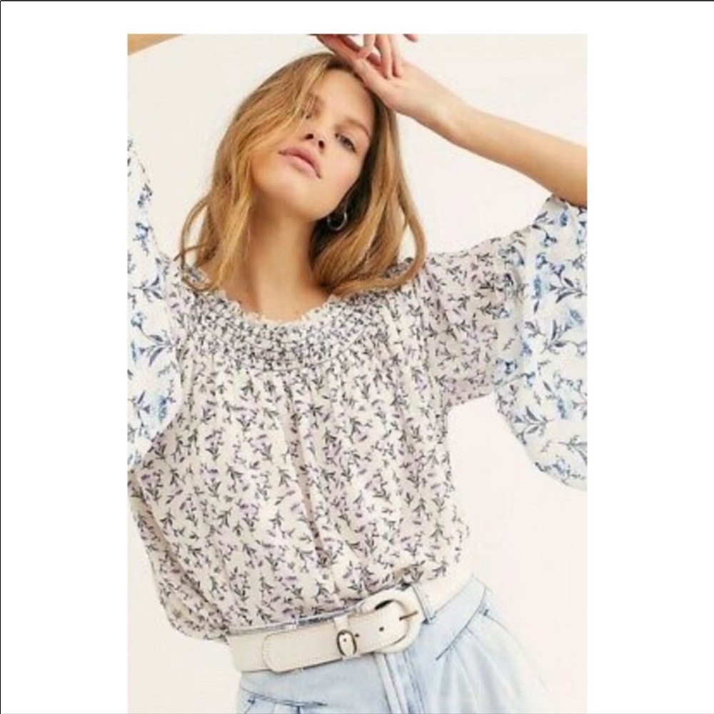 Free People Cream White Floral Smocked Peasant Blouse